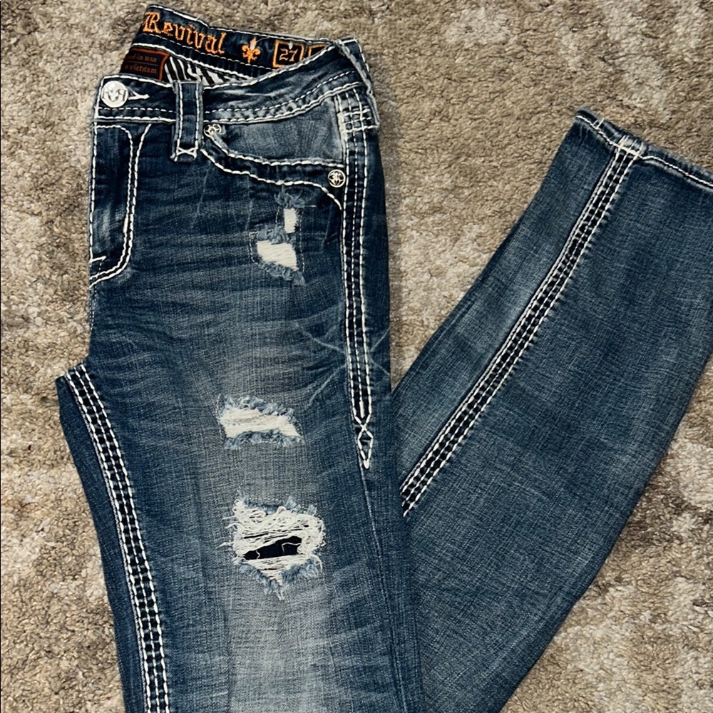 Rock Revival Blue Straight Jeans with Distressed Detailing